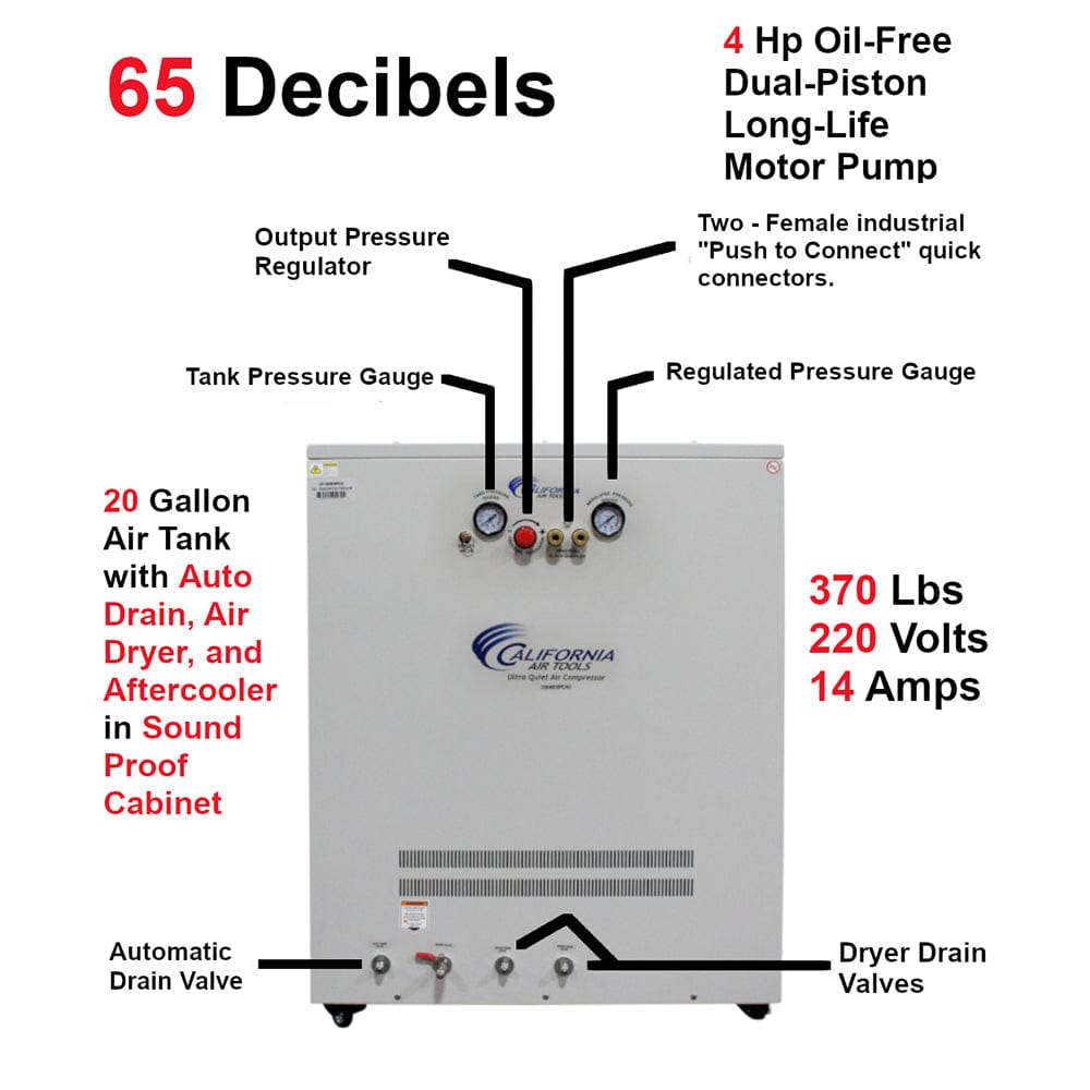4HP 20 Gallon Oil-Free Compressor with Drying System in Soundproof Cabinet