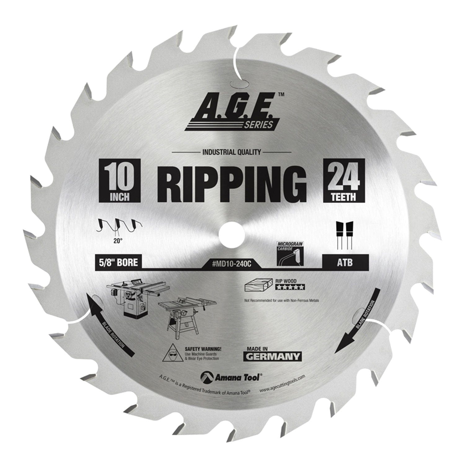 10" x 24T Carbide Tipped Ripping Blade, 20 Deg., 5/8" Bore., ATB alt 0