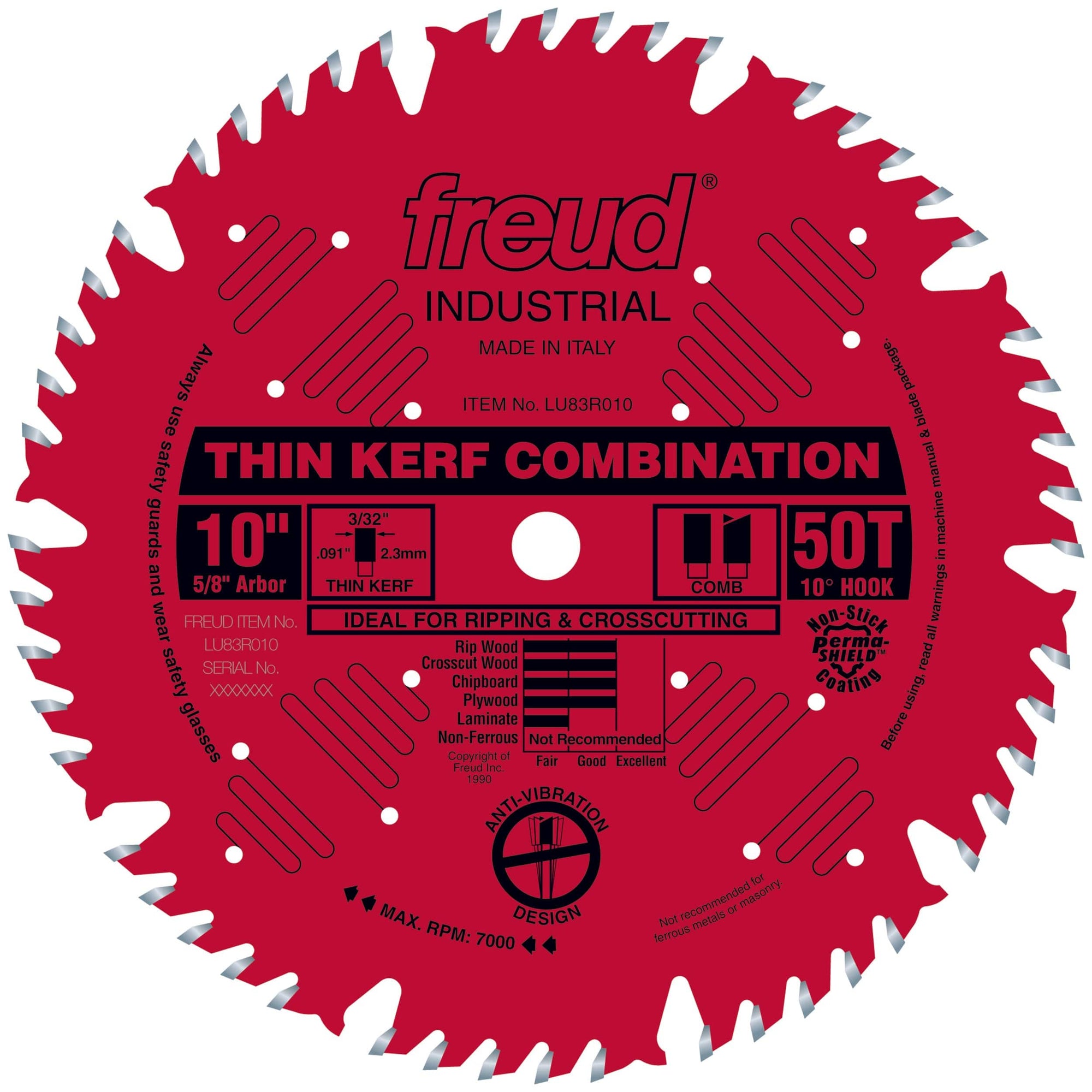 LU83R010 Finish Red Circular Saw Blade 10" x 5/8" Bore x 50 Tooth Combination Thin Kerf alt 0