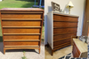 Wooden dresser before and after painting with white wall paint on frame and natural wood drawers.