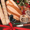 Wooden carved Santa totem poles, striped serving board, scroll-sawn jewelry box, and handcrafted knife with pen and ring in