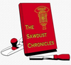 Red book titled The Sawdust Chronicles with a hand plane and chisel on a white background