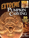 Intricately carved pumpkin face with detailed wood-like texture and expressive features.