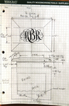 Half-scale technical drawing of a recipe box lid and base with dimensions and hinge placement on graph paper.