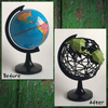 Before and after photos of a globe transformed by removing the paper map and adding a geometric wooden lattice and green