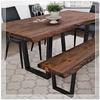 Live edge walnut dining table and bench with metal hairpin legs in modern room setting
