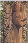 Chainsaw-carved wooden relief showing a man in a hat and abstract shapes on a textured background
