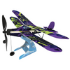 Colorful wooden model airplane with propeller and stand, showing wing and fuselage details
