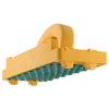 Yellow plastic sanding block with green abrasive surface and ergonomic handle