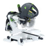 Festool sliding compound miter saw with blade guard and adjustable fence on white base