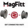 MagFitt magnetic dust collection connectors showing two gray plastic fittings with magnetic connection icon between them