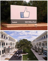 Facebook Menlo Park campus entrance sign with thumbs-up logo and courtyard with outdoor seating and trees