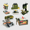 Five Proxxon mini woodworking tools including a drill press, router, milling machine, scroll saw, and table saw on a plain