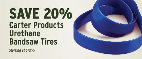 Blue urethane bandsaw tire with promotional text on a white background