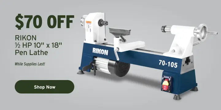 Rikon pen lathe with promotional text on a gray background