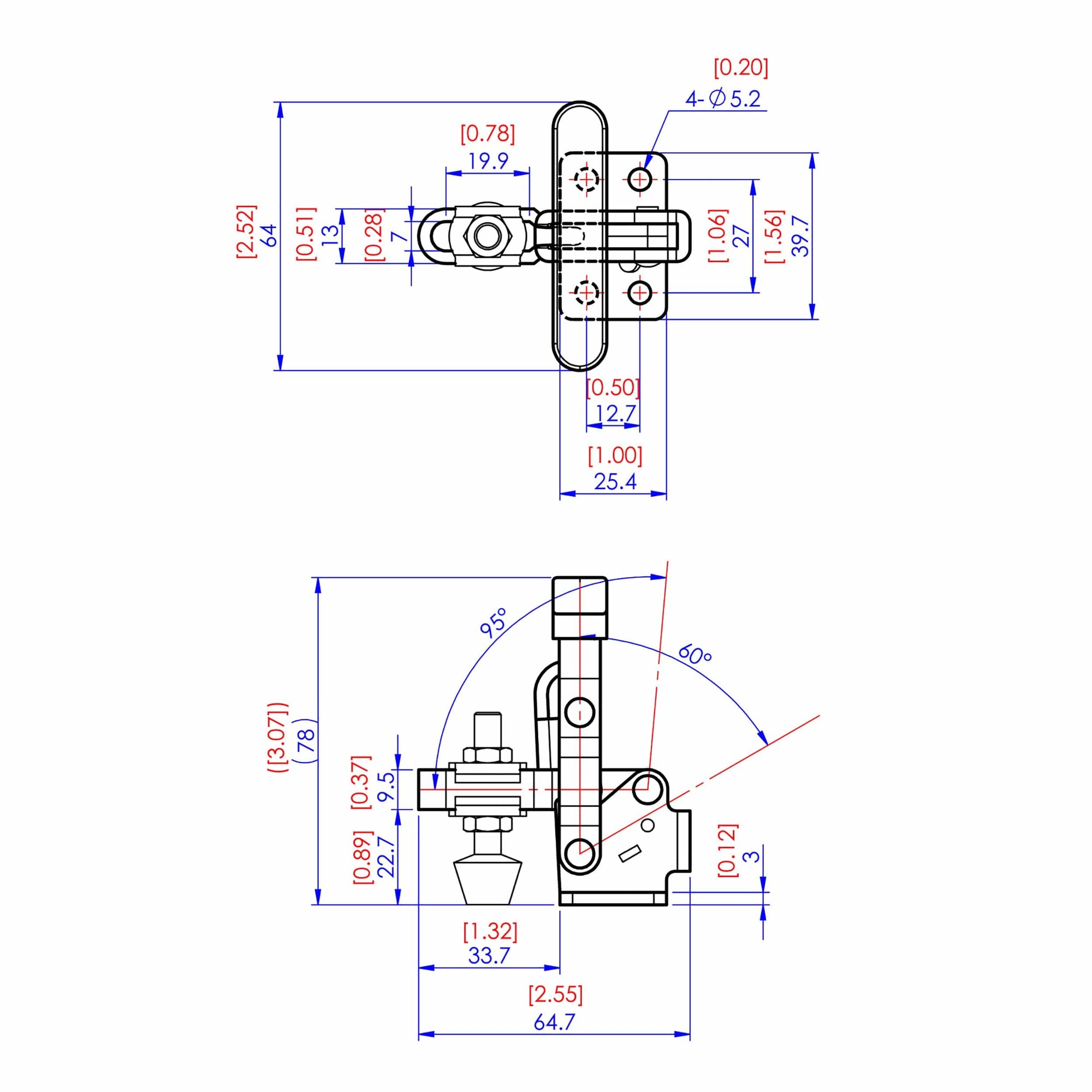 Vertical T Handle Toggle Clamp - 1-5/16" x 1/8" - 200 lb Capacity alt 0