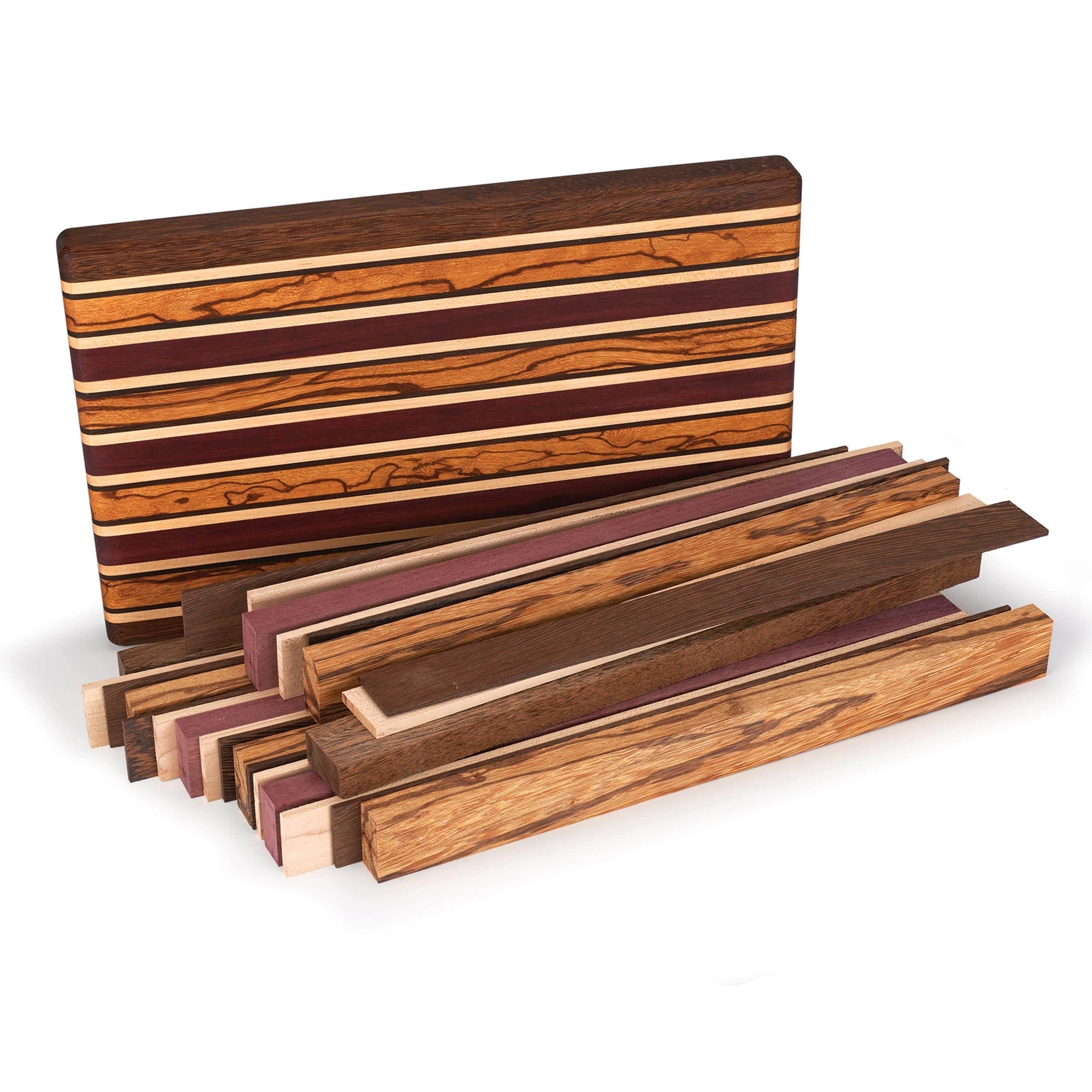 Exotic Cutting Board Kit - 1-1/2" x 9-7/8" x 16" - Brownheart, Maple, Marblewood, Purpleheart & Wenge alt 0