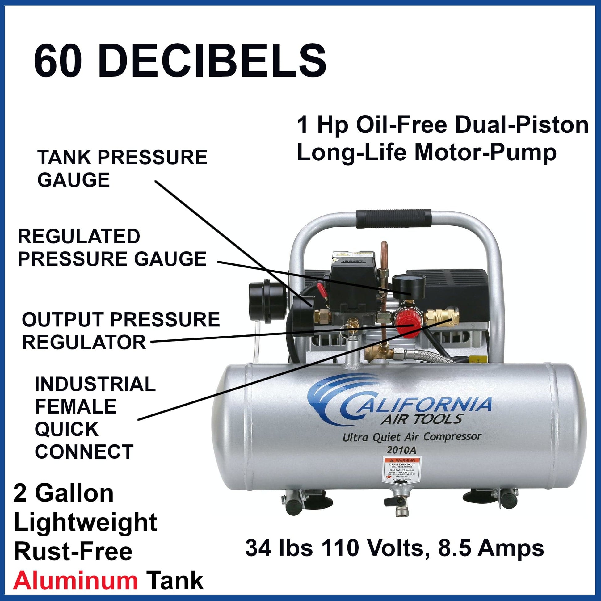 1HP 2 Gallon Oil-Free Aluminum Tank Air Compressor alt 0