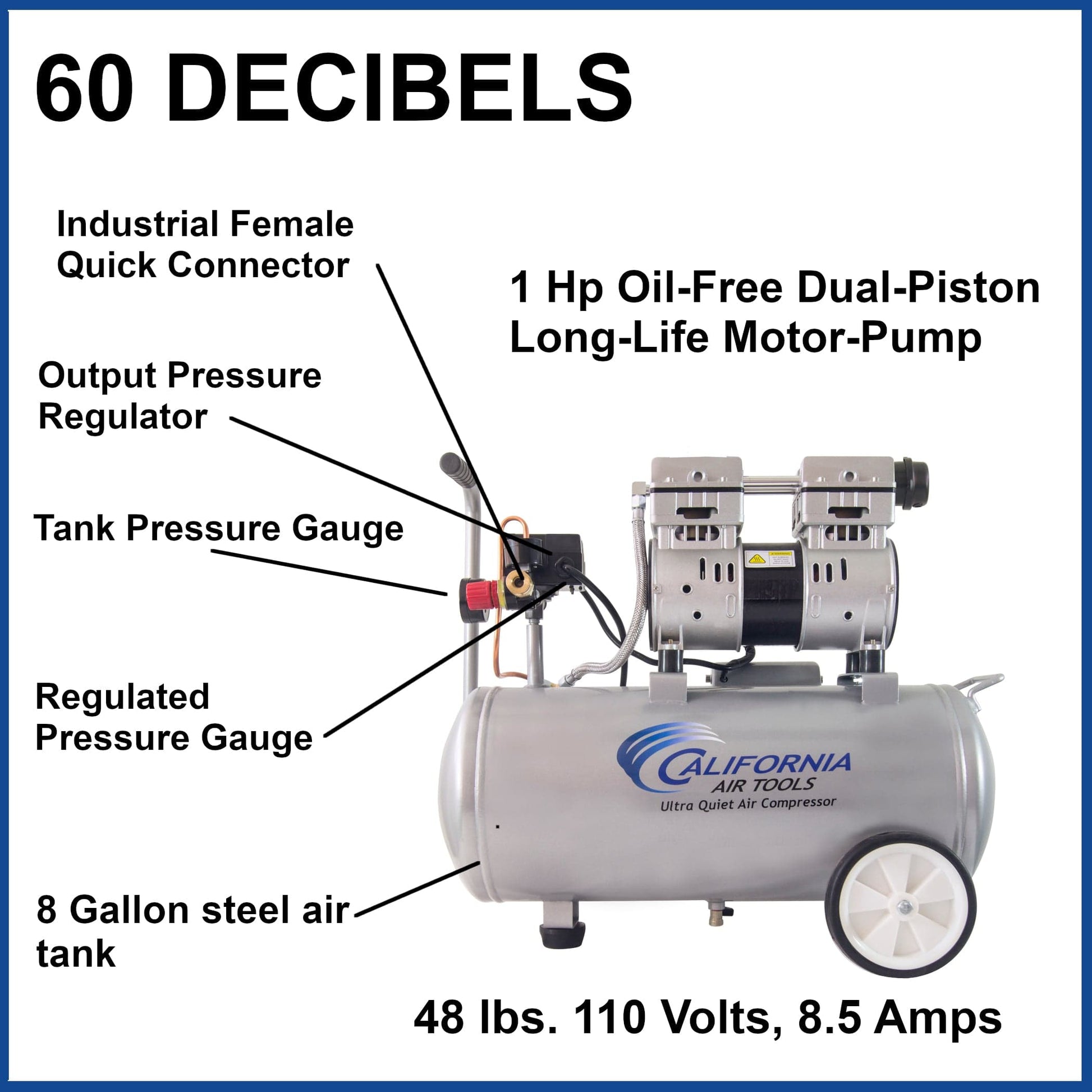 8010 Ultra Quiet and Oil-Free 1.0 HP, 8 Gal. Steel Tank Air Compressor alt 0