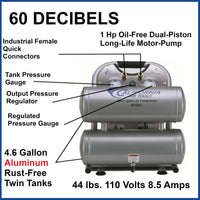 1HP 4.6 Gallon Oil-Free Twin Portable Aluminum Tank Air Compressor alt 0