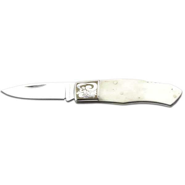 White Bone Lock Back Knife with Decorative Bolster, Model SK-703 alt 0